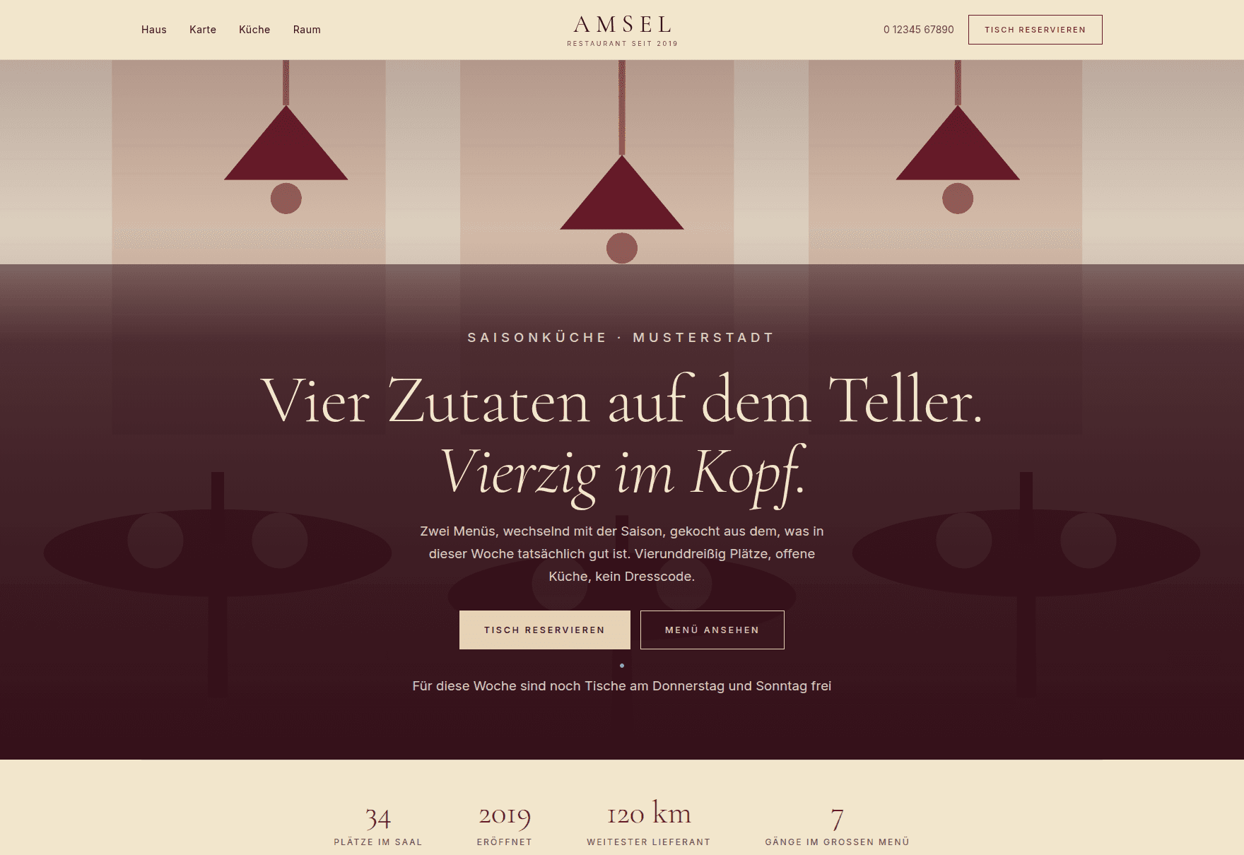 Startseite des Demo-Restaurants Amsel: Kopfleiste und Hero mit Reservierungsknopf