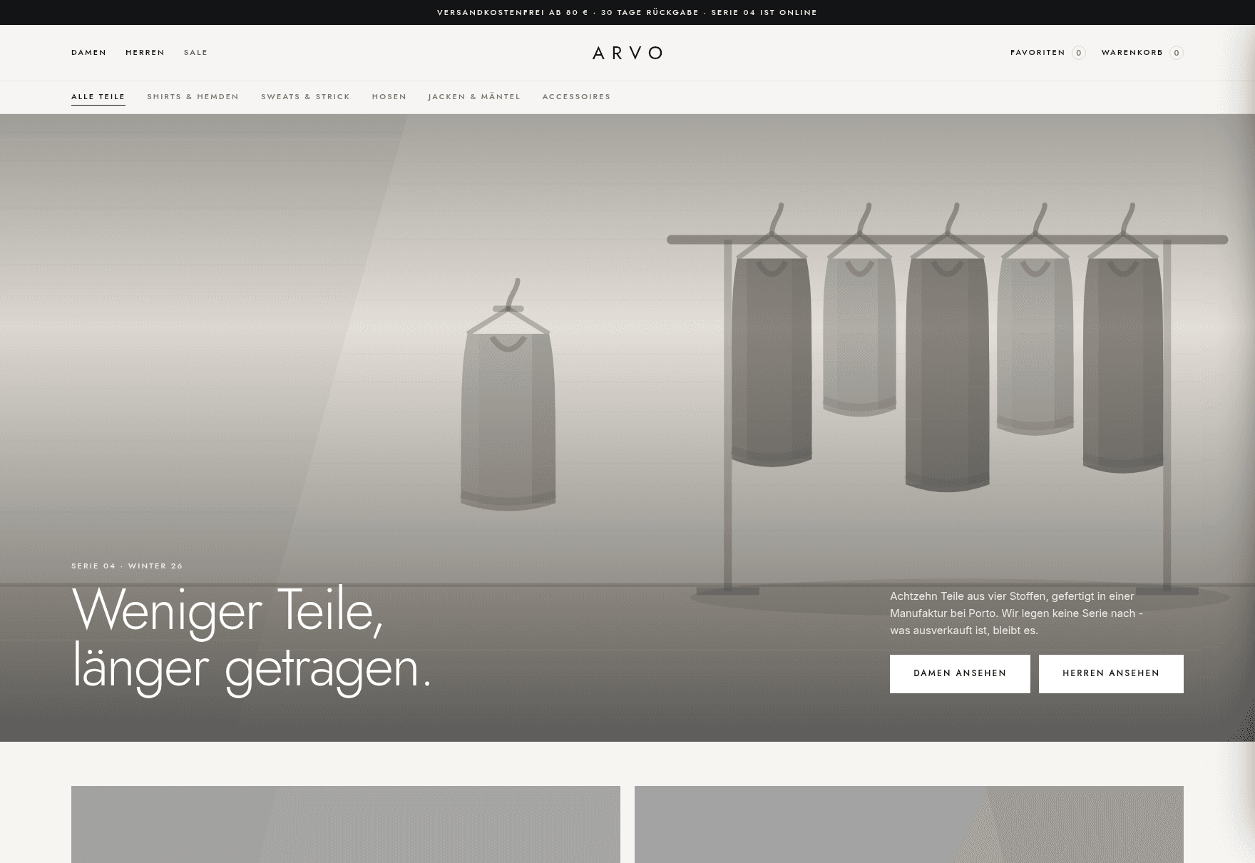 Startseite des Demo-Shops ARVO: Kopfleiste, Kategorien und Kleiderständer